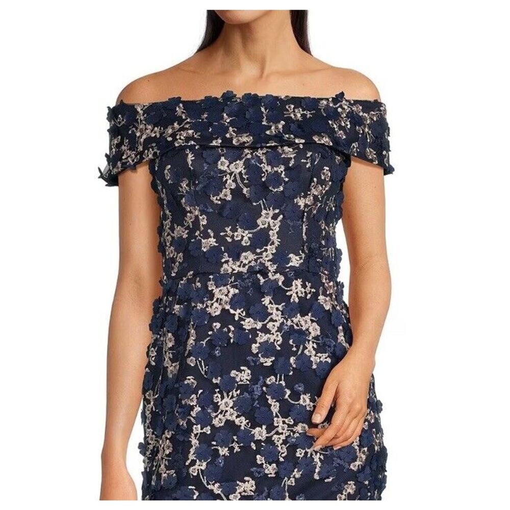 Xscape Women's 14W BRYNLEE Off The Shoulder Blue Raise Flower Evening Midi Dress - Picture 3 of 16